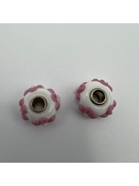 White & Pink Floral Glass Bead Charm Pair With Silver Core For Bracelets